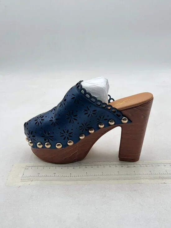 FOWT Blue Studded Round Toe Floral Cut Out Platform Mules Chunky Heel Sandals - Picture 2 of 8